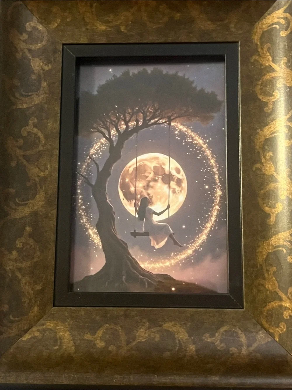 Framed Moonlite Under the stars print with Lady swinging under the Stars 290
